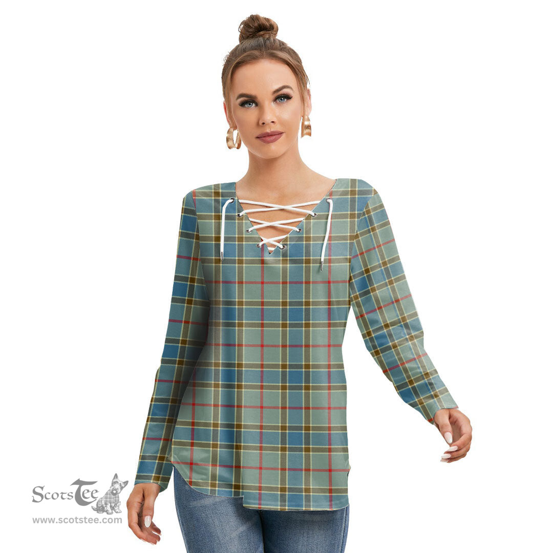 ScotsTee Shop Scottish Balfour Blue Clan Tartan Womens V Neck Lace Up Criss Cross Sweatshirt