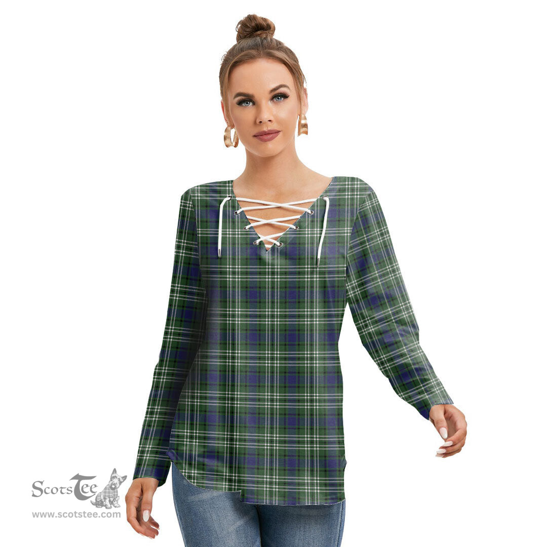 ScotsTee Shop Scottish Blyth Clan Tartan Womens V Neck Lace Up Criss Cross Sweatshirt