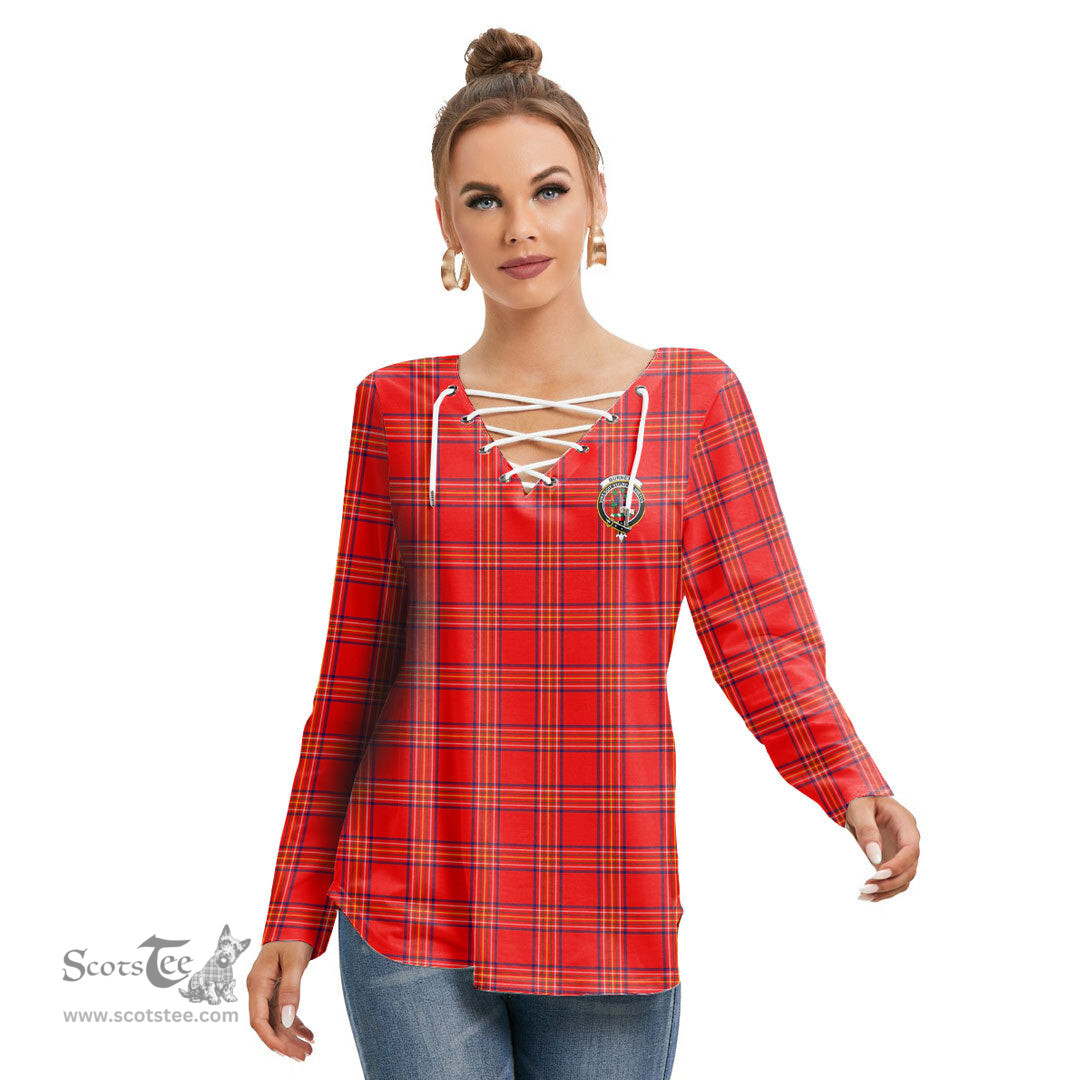 ScotsTee Shop Scottish Burnett Modern Clan Crest Tartan Womens V Neck Lace Up Criss Cross Sweatshirt