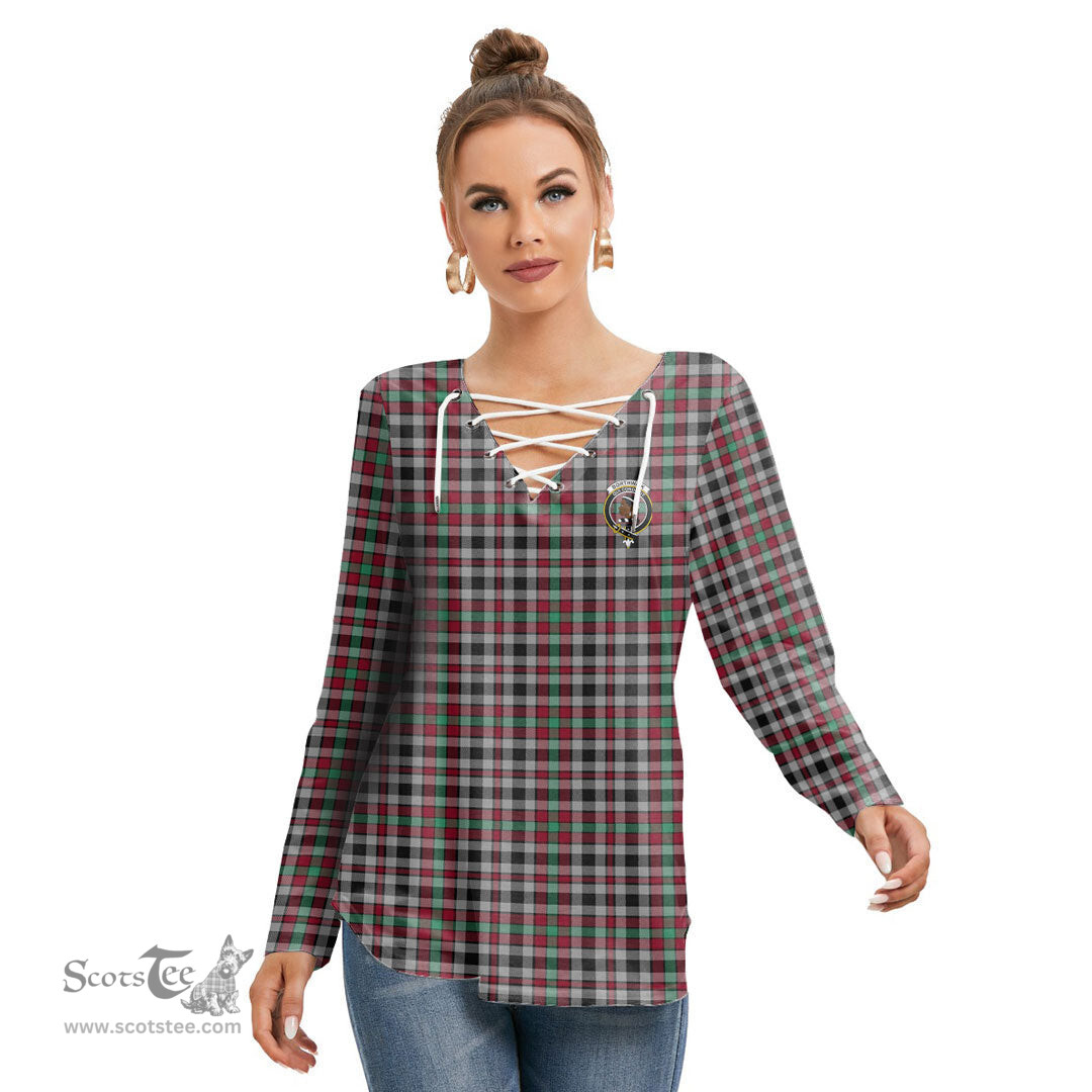 ScotsTee Shop Scottish Borthwick Ancient Clan Crest Tartan Womens V Neck Lace Up Criss Cross Sweatshirt