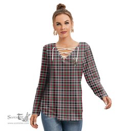 ScotsTee Shop Scottish Borthwick Ancient Clan Crest Tartan Womens V Neck Lace Up Criss Cross Sweatshirt