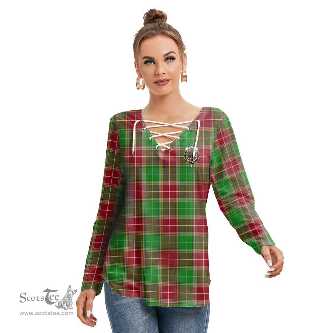 ScotsTee Shop Scottish Baxter Modern Clan Crest Tartan Womens V Neck Lace Up Criss Cross Sweatshirt