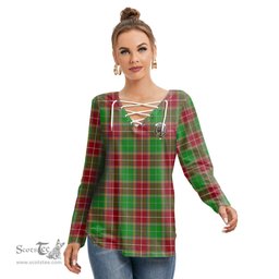 ScotsTee Shop Scottish Baxter Modern Clan Crest Tartan Womens V Neck Lace Up Criss Cross Sweatshirt