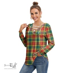 ScotsTee Shop Scottish Buchanan Old Sett Clan Tartan Womens V Neck Lace Up Criss Cross Sweatshirt
