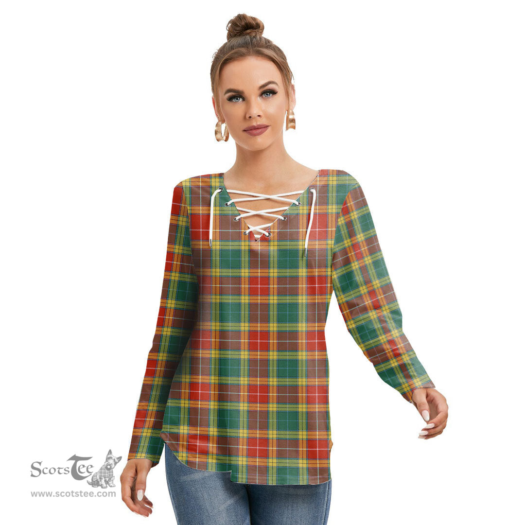 ScotsTee Shop Scottish Buchanan Old Sett Clan Tartan Womens V Neck Lace Up Criss Cross Sweatshirt