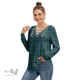 ScotsTee Shop Scottish Campbell Ancient 02 Clan Tartan Womens V Neck Lace Up Criss Cross Sweatshirt