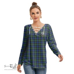 ScotsTee Shop Scottish Fletcher Ancient Clan Crest Tartan Womens V Neck Lace Up Criss Cross Sweatshirt