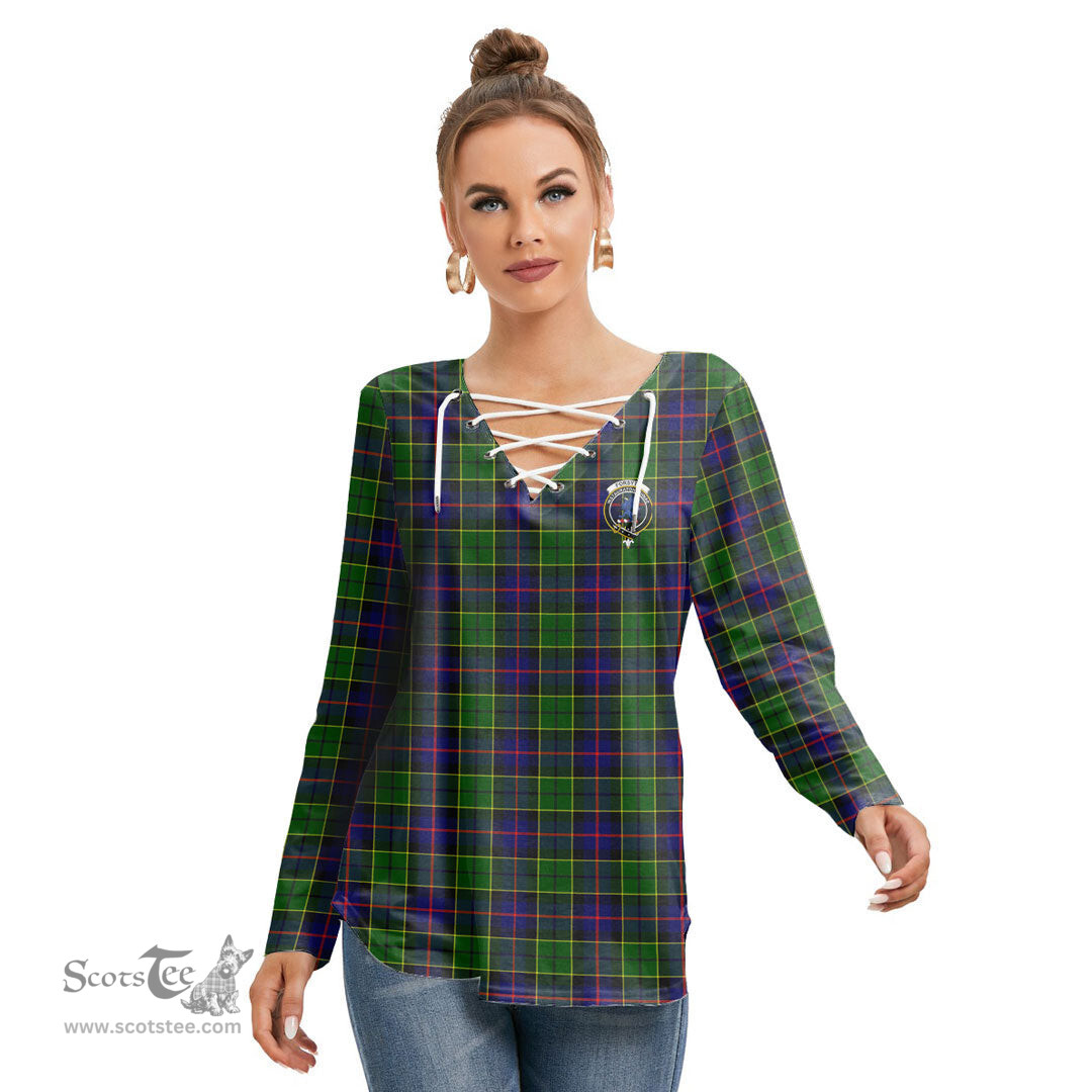 ScotsTee Shop Scottish Forsyth Modern Clan Crest Tartan Womens V Neck Lace Up Criss Cross Sweatshirt