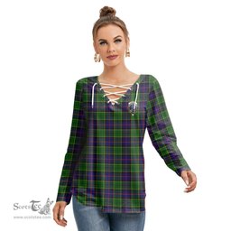 ScotsTee Shop Scottish Forsyth Modern Clan Crest Tartan Womens V Neck Lace Up Criss Cross Sweatshirt
