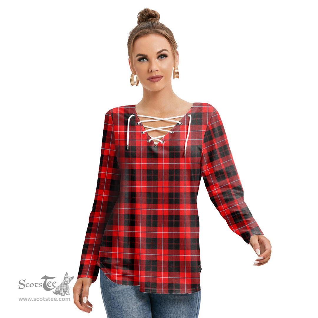 ScotsTee Shop Scottish Cunningham Modern Clan Tartan Womens V Neck Lace Up Criss Cross Sweatshirt