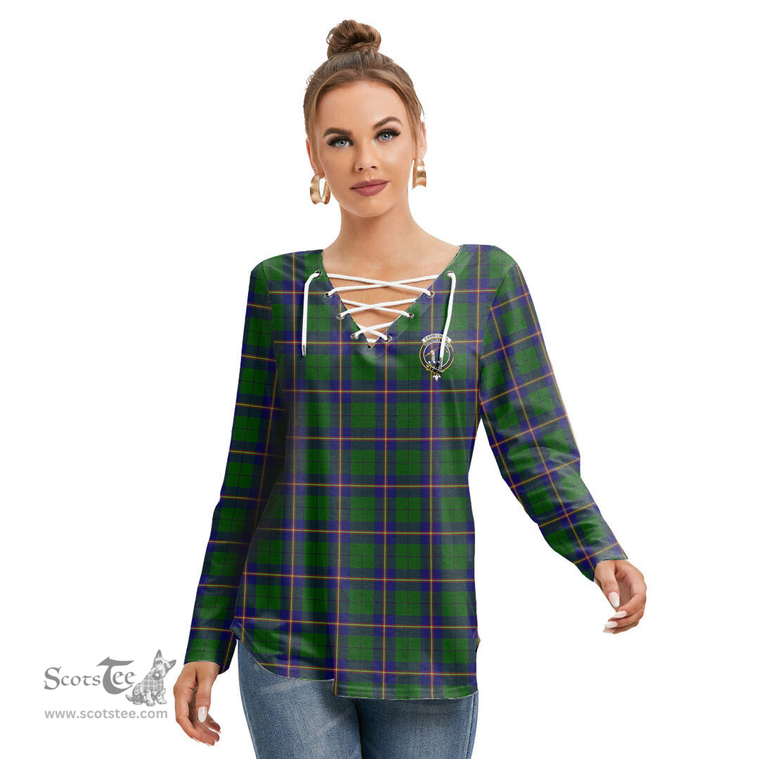 ScotsTee Shop Scottish Carmichael Modern Clan Crest Tartan Womens V Neck Lace Up Criss Cross Sweatshirt