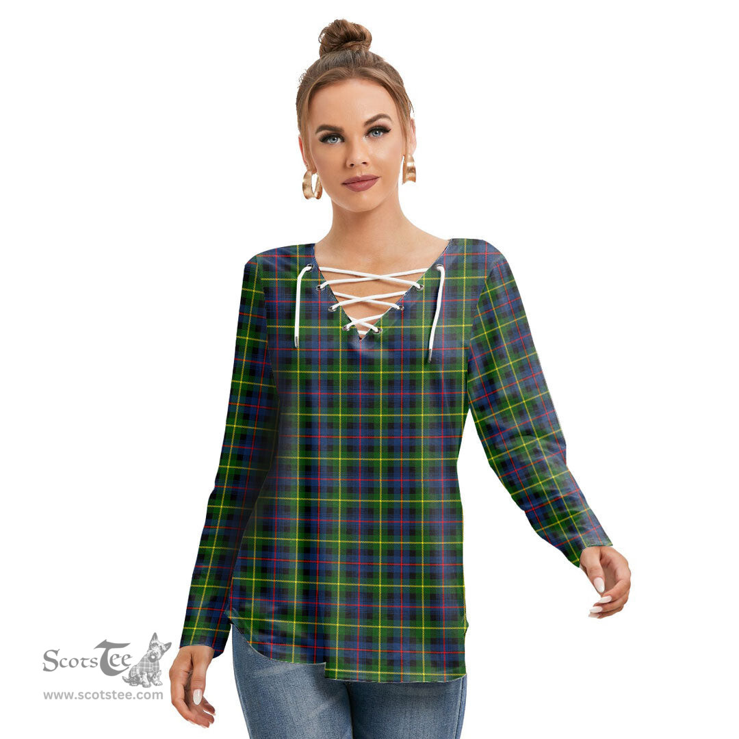 ScotsTee Shop Scottish Farquharson Modern Clan Tartan Womens V Neck Lace Up Criss Cross Sweatshirt