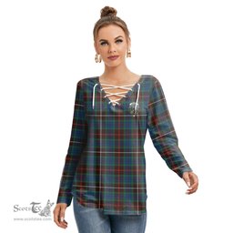 ScotsTee Shop Scottish Fraser Hunting Ancient Clan Crest Tartan Womens V Neck Lace Up Criss Cross Sweatshirt