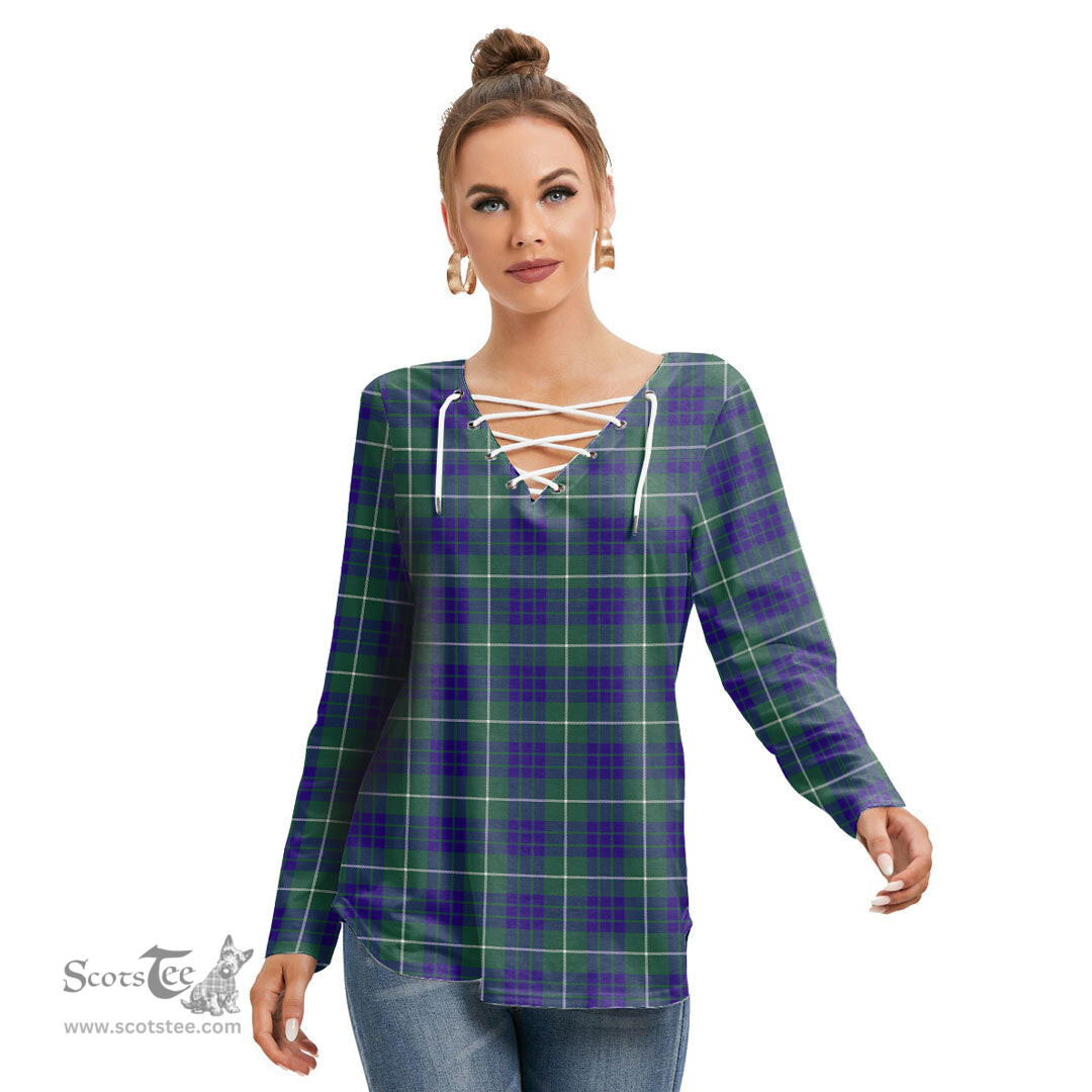 ScotsTee Shop Scottish Hamilton Hunting Modern Clan Tartan Womens V Neck Lace Up Criss Cross Sweatshirt