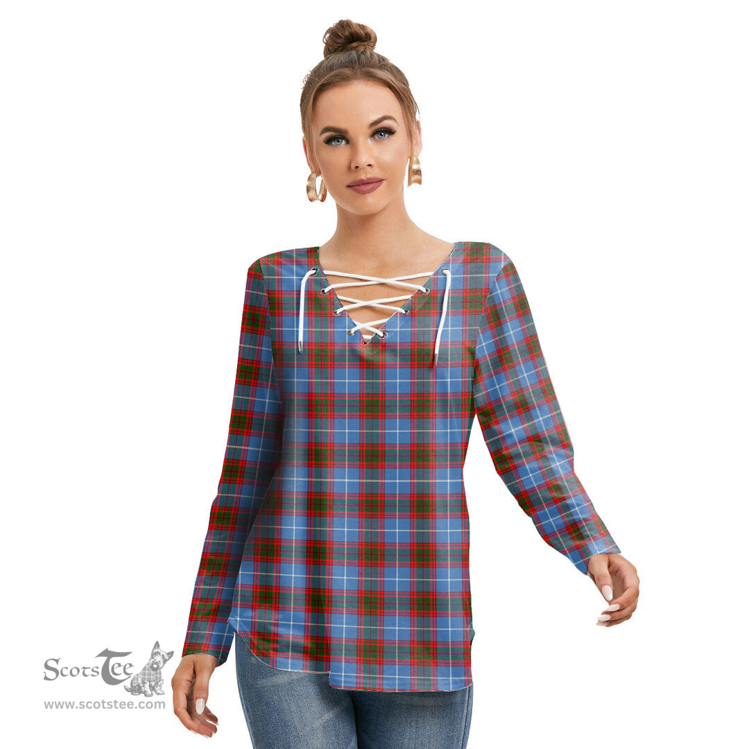 ScotsTee Shop Scottish Edinburgh District Clan Tartan Womens V Neck Lace Up Criss Cross Sweatshirt