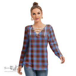 ScotsTee Shop Scottish Edinburgh District Clan Tartan Womens V Neck Lace Up Criss Cross Sweatshirt