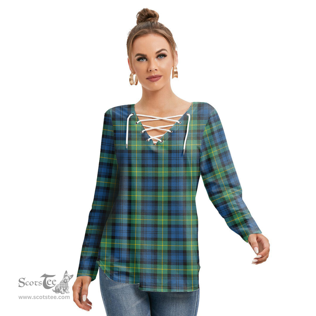 ScotsTee Shop Scottish Gordon Ancient Clan Tartan Womens V Neck Lace Up Criss Cross Sweatshirt