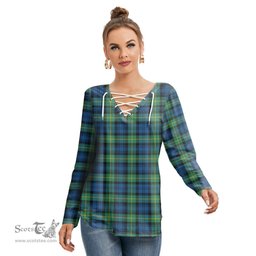 ScotsTee Shop Scottish Gordon Ancient Clan Tartan Womens V Neck Lace Up Criss Cross Sweatshirt