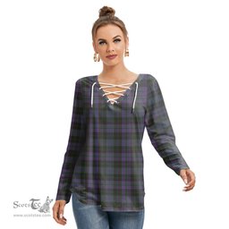 ScotsTee Shop Scottish Clergy Green Clan Tartan Womens V Neck Lace Up Criss Cross Sweatshirt