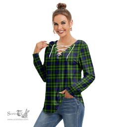 ScotsTee Shop Scottish Campbell of Breadalbane Modern Clan Tartan Womens V Neck Lace Up Criss Cross Sweatshirt