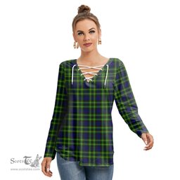 ScotsTee Shop Scottish Campbell of Breadalbane Modern Clan Tartan Womens V Neck Lace Up Criss Cross Sweatshirt