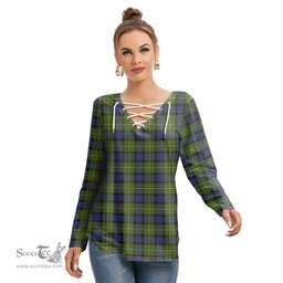 ScotsTee Shop Scottish Fergusson Modern Clan Tartan Womens V Neck Lace Up Criss Cross Sweatshirt