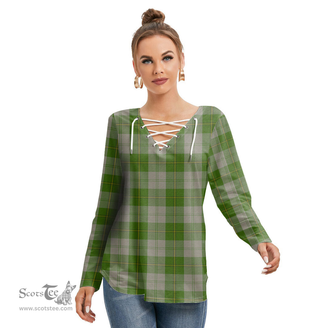 ScotsTee Shop Scottish Cunningham Dress Green Dancers Clan Tartan Womens V Neck Lace Up Criss Cross Sweatshirt