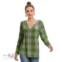 ScotsTee Shop Scottish Cunningham Dress Green Dancers Clan Tartan Womens V Neck Lace Up Criss Cross Sweatshirt