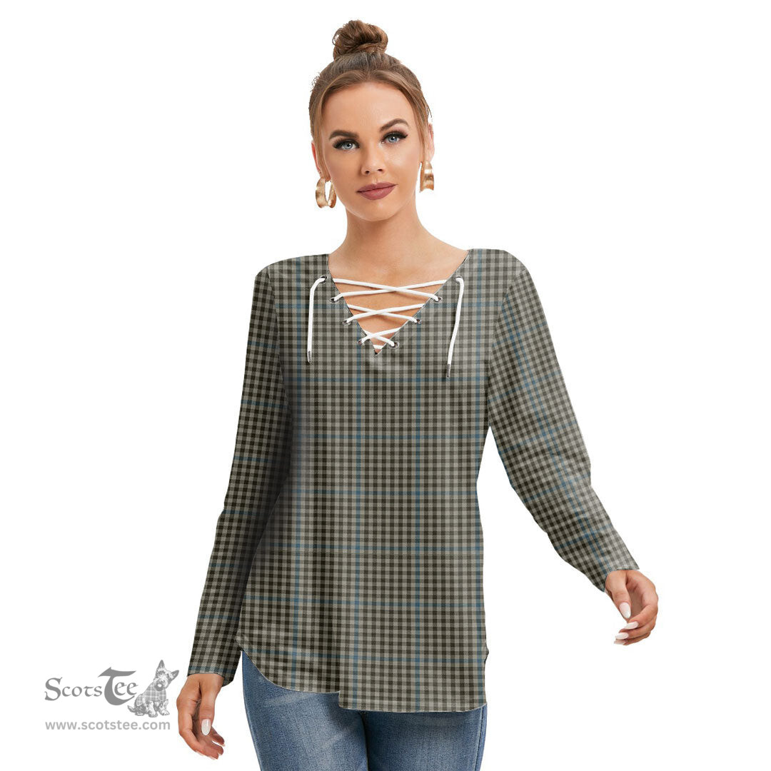 ScotsTee Shop Scottish Haig Check Clan Tartan Womens V Neck Lace Up Criss Cross Sweatshirt