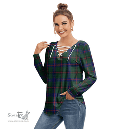 ScotsTee Shop Scottish Davidson Modern Clan Tartan Womens V Neck Lace Up Criss Cross Sweatshirt