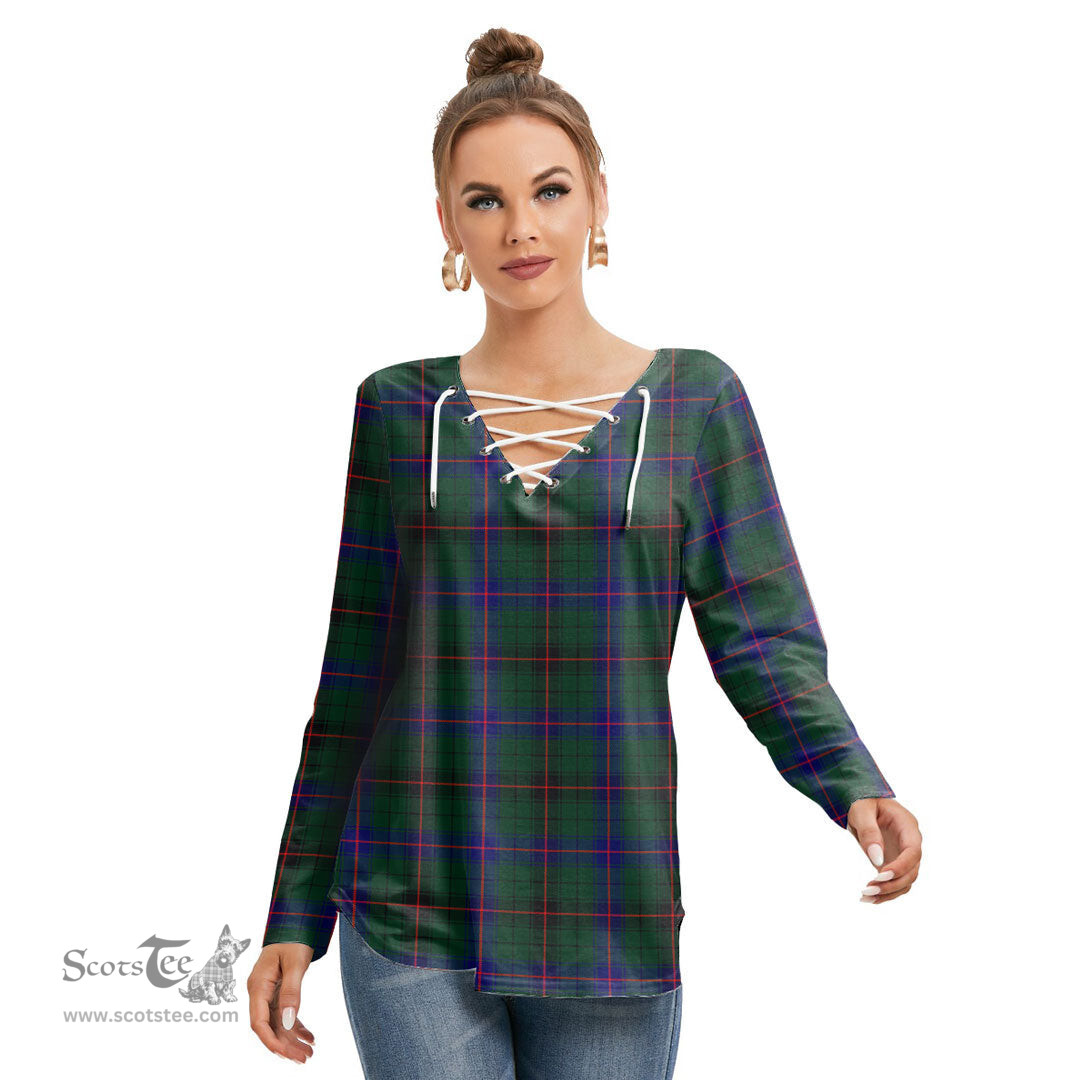 ScotsTee Shop Scottish Davidson Modern Clan Tartan Womens V Neck Lace Up Criss Cross Sweatshirt