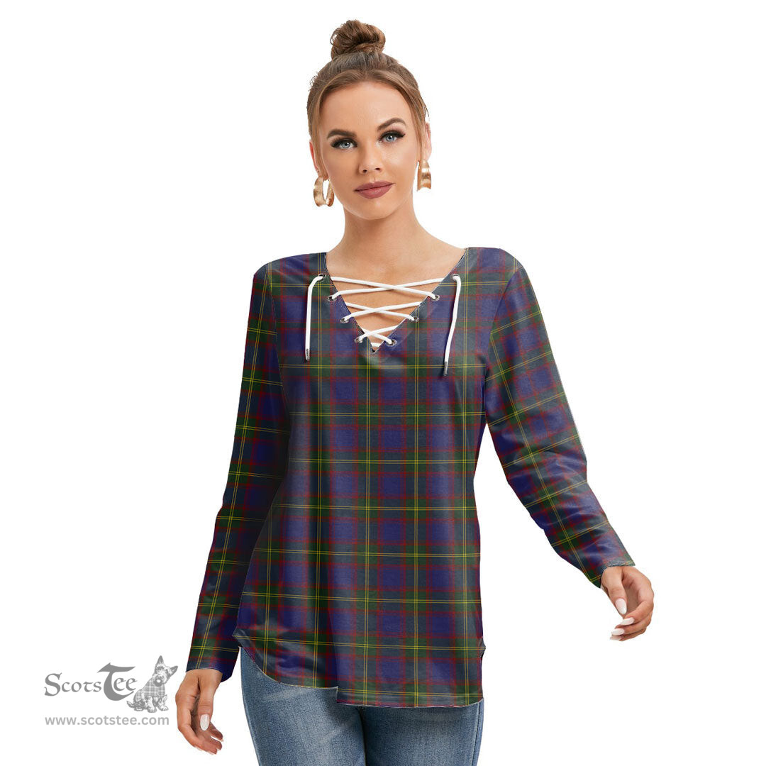 ScotsTee Shop Scottish Durie Clan Tartan Womens V Neck Lace Up Criss Cross Sweatshirt