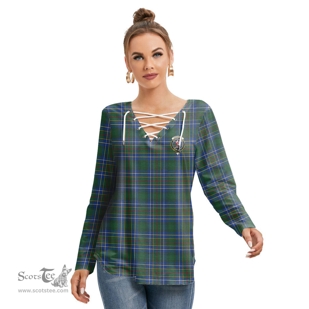 ScotsTee Shop Scottish Cockburn Ancient Clan Crest Tartan Womens V Neck Lace Up Criss Cross Sweatshirt