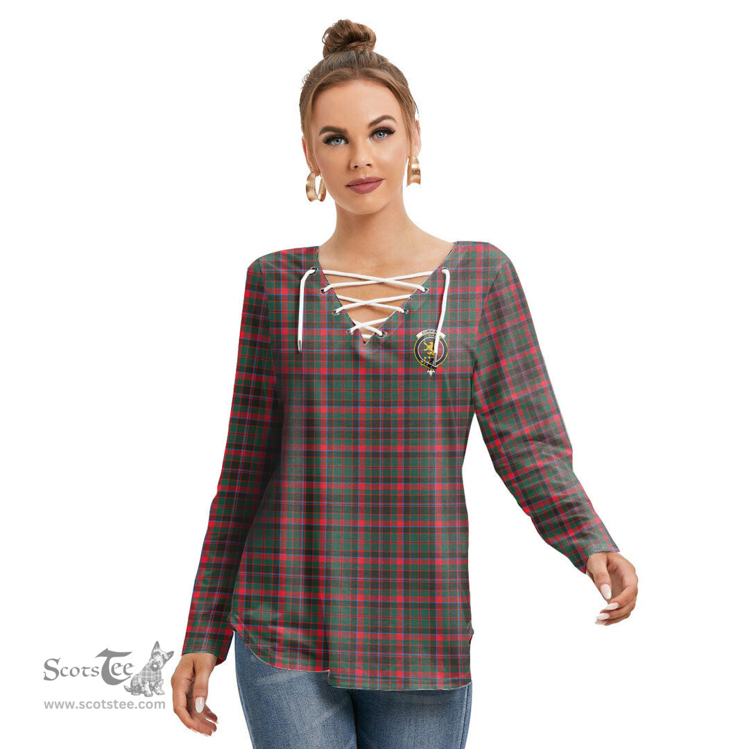 ScotsTee Shop Scottish Cumming Hunting Modern Clan Crest Tartan Womens V Neck Lace Up Criss Cross Sweatshirt