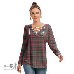 ScotsTee Shop Scottish Cumming Hunting Modern Clan Crest Tartan Womens V Neck Lace Up Criss Cross Sweatshirt