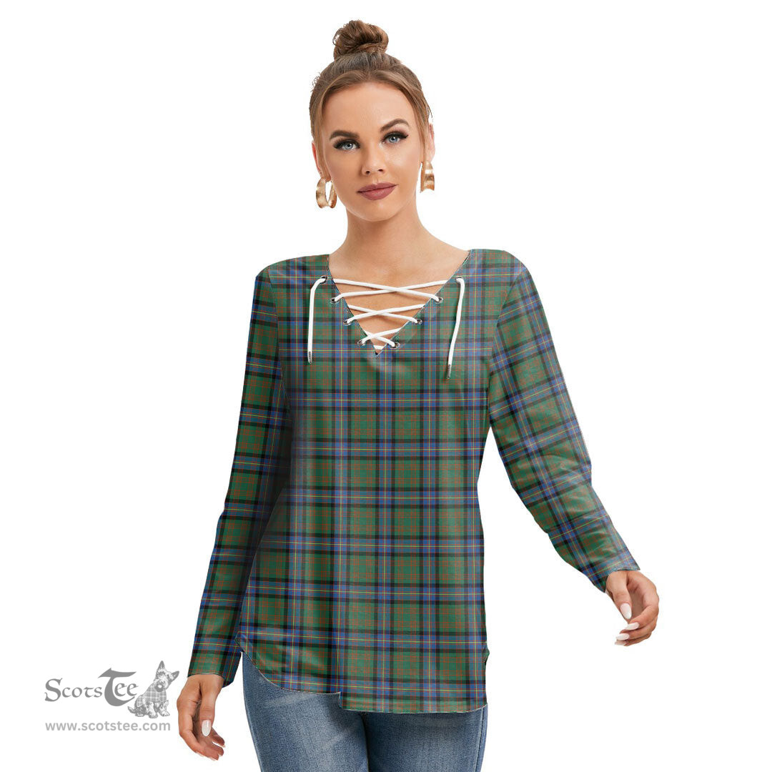 ScotsTee Shop Scottish Cochrane Ancient Clan Tartan Womens V Neck Lace Up Criss Cross Sweatshirt