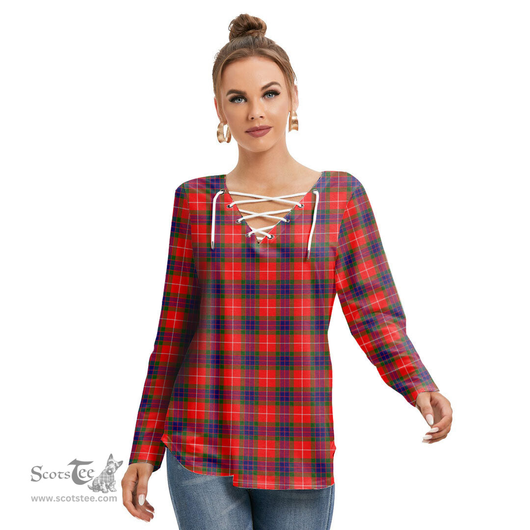 ScotsTee Shop Scottish Fraser Modern Clan Tartan Womens V Neck Lace Up Criss Cross Sweatshirt