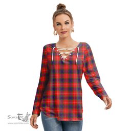ScotsTee Shop Scottish Fraser Modern Clan Tartan Womens V Neck Lace Up Criss Cross Sweatshirt