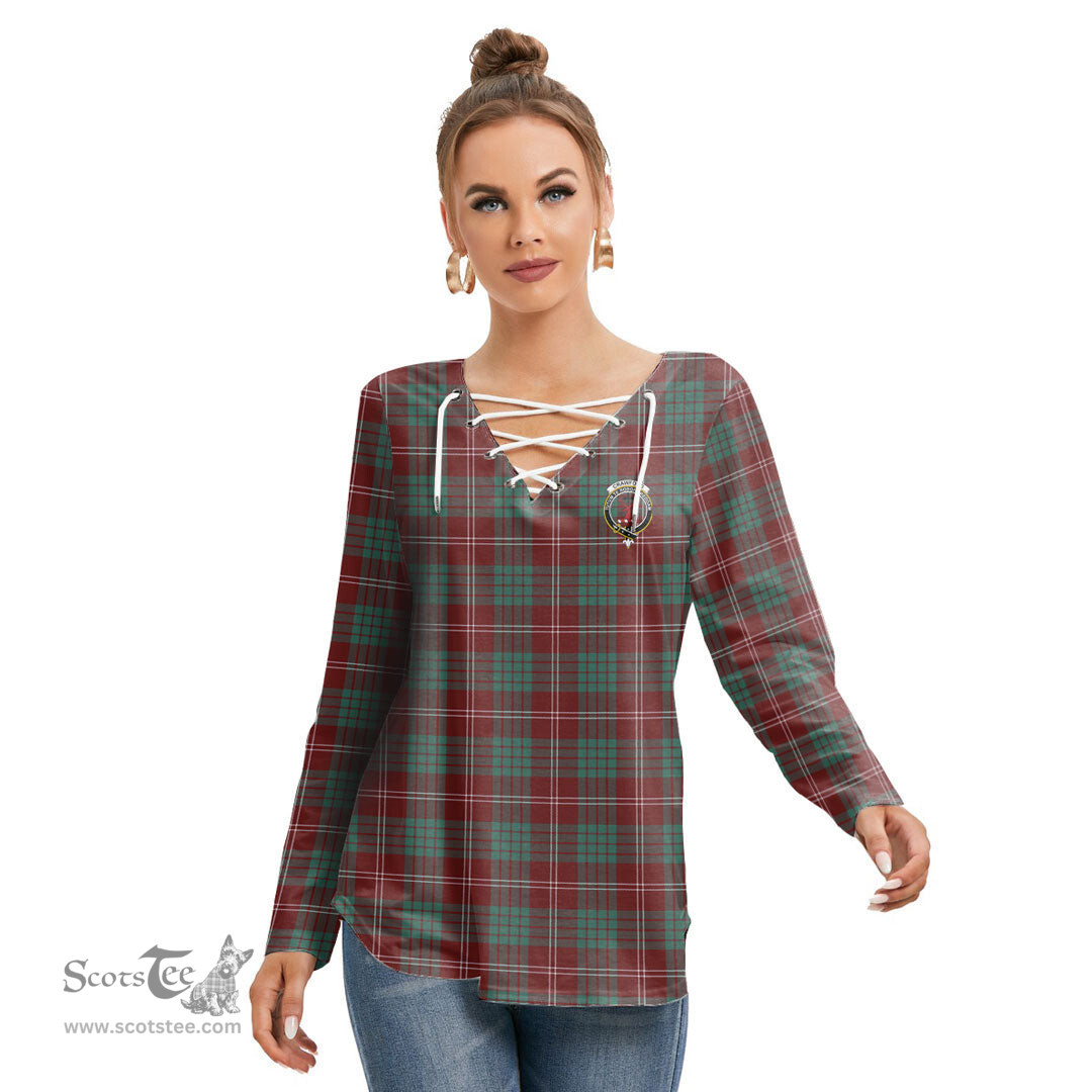 ScotsTee Shop Scottish Crawford Modern Clan Crest Tartan Womens V Neck Lace Up Criss Cross Sweatshirt