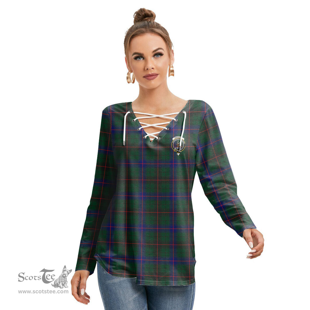 ScotsTee Shop Scottish Davidson Modern Clan Crest Tartan Womens V Neck Lace Up Criss Cross Sweatshirt