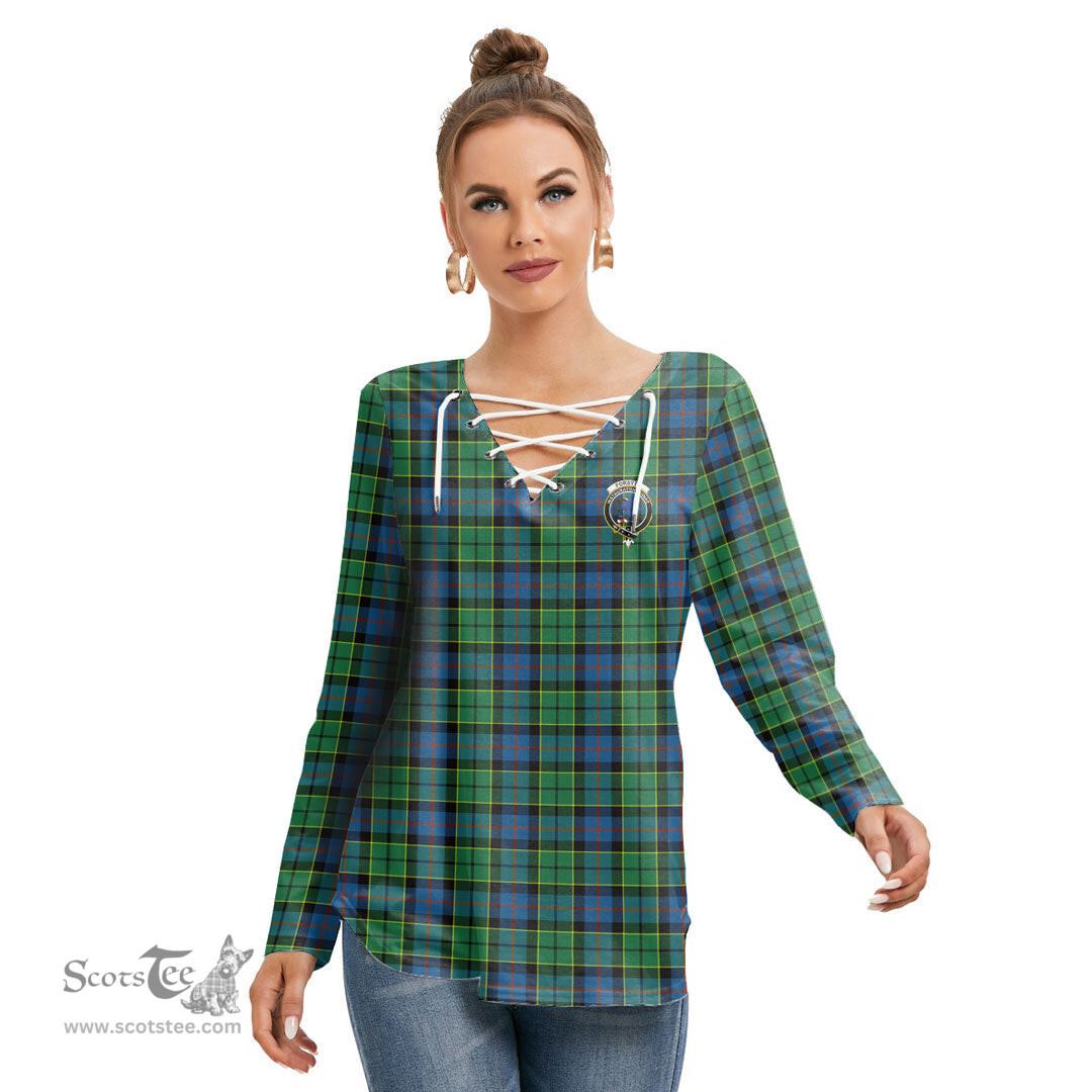 ScotsTee Shop Scottish Forsyth Ancient Clan Crest Tartan Womens V Neck Lace Up Criss Cross Sweatshirt