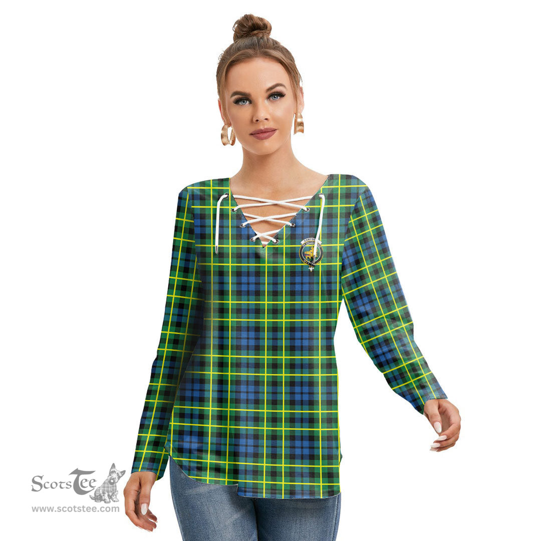 ScotsTee Shop Scottish Campbell of Breadalbane Ancient Clan Crest Tartan Womens V Neck Lace Up Criss Cross Sweatshirt