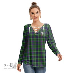 ScotsTee Shop Scottish Duncan Modern Clan Crest Tartan Womens V Neck Lace Up Criss Cross Sweatshirt