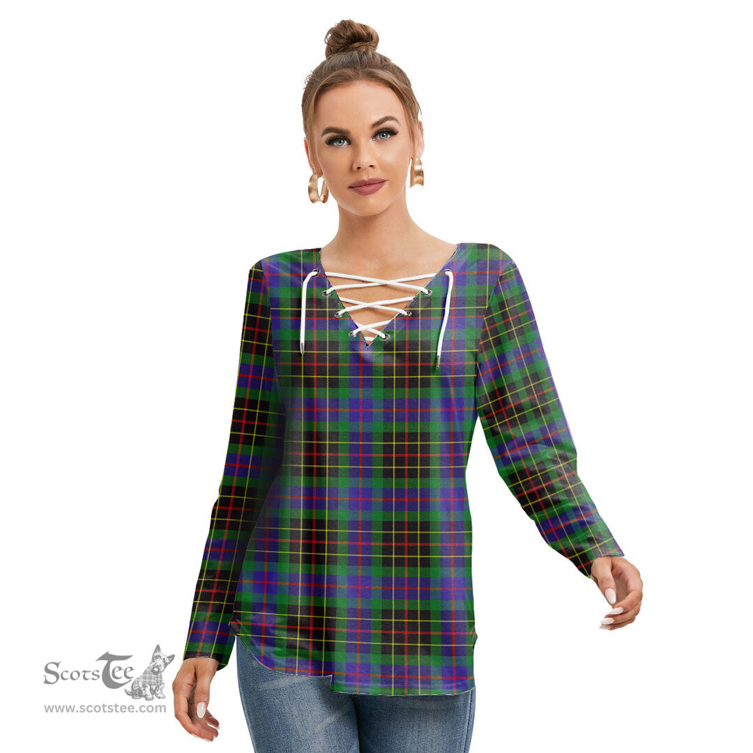 ScotsTee Shop Scottish Brodie Hunting Modern Clan Tartan Womens V Neck Lace Up Criss Cross Sweatshirt