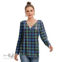 ScotsTee Shop Scottish Guthrie Ancient Clan Crest Tartan Womens V Neck Lace Up Criss Cross Sweatshirt