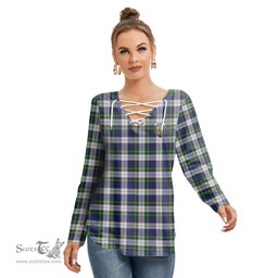 ScotsTee Shop Scottish Gordon Dress Modern Clan Crest Tartan Womens V Neck Lace Up Criss Cross Sweatshirt