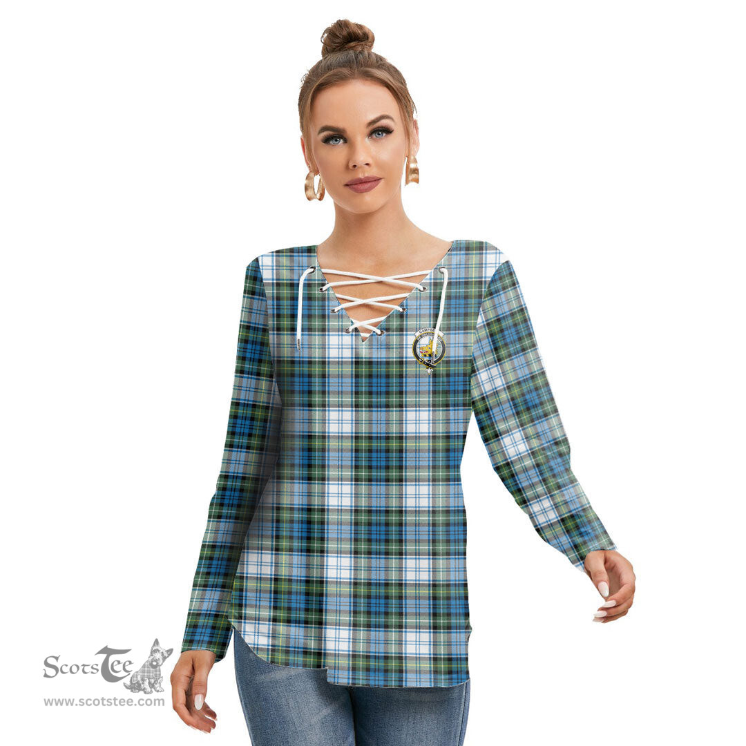 ScotsTee Shop Scottish Campbell Dress Ancient Clan Crest Tartan Womens V Neck Lace Up Criss Cross Sweatshirt