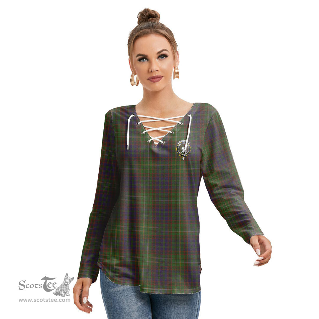 ScotsTee Shop Scottish Cunningham Hunting Modern Clan Crest Tartan Womens V Neck Lace Up Criss Cross Sweatshirt