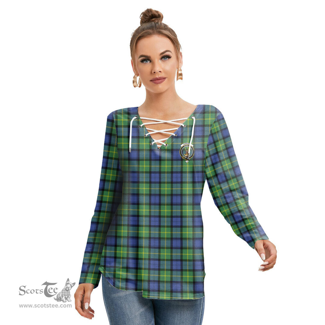 ScotsTee Shop Scottish Gordon Old Ancient Clan Crest Tartan Womens V Neck Lace Up Criss Cross Sweatshirt