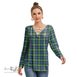 ScotsTee Shop Scottish Gordon Old Ancient Clan Crest Tartan Womens V Neck Lace Up Criss Cross Sweatshirt
